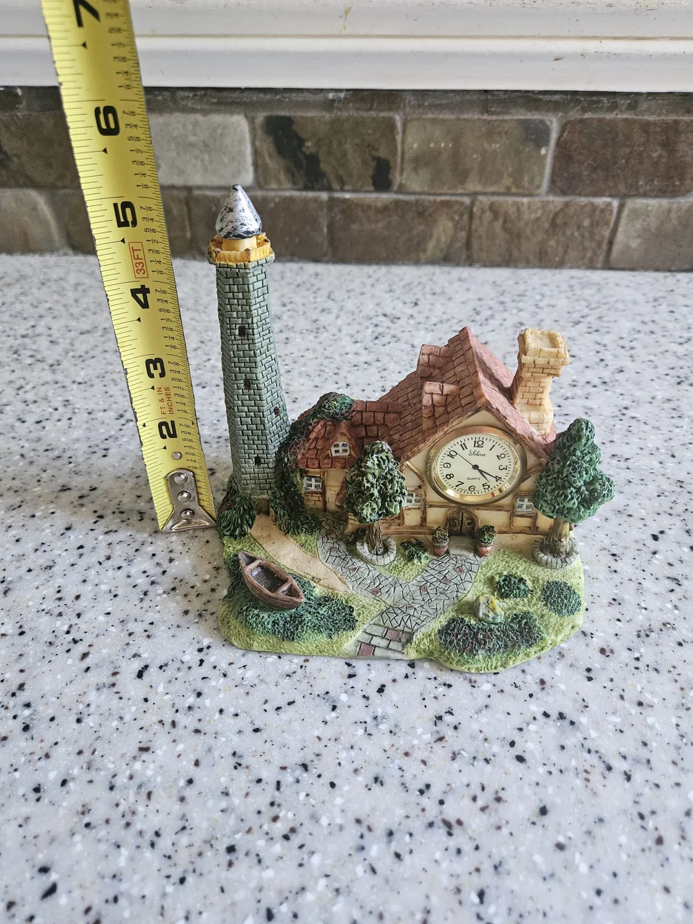 Miniature Cottage Clock Sculpture - Green and Tan Home Wall Decor